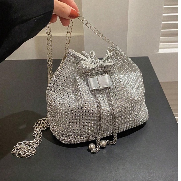 Luxe Textured Chain Handle Bucket Evening Party Formal Shoulder Crossbody - Picture 6 of 9